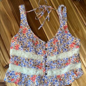 Free People Floral Button-Down Blouse with Lace